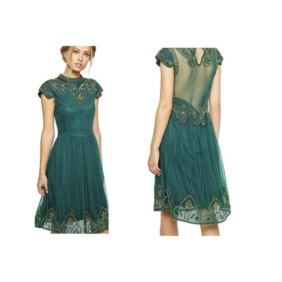 Frock & Frill * Navy Blue * Dress Sz 6 Sheer Back Beads High Neck Formal Event - Picture 1 of 14